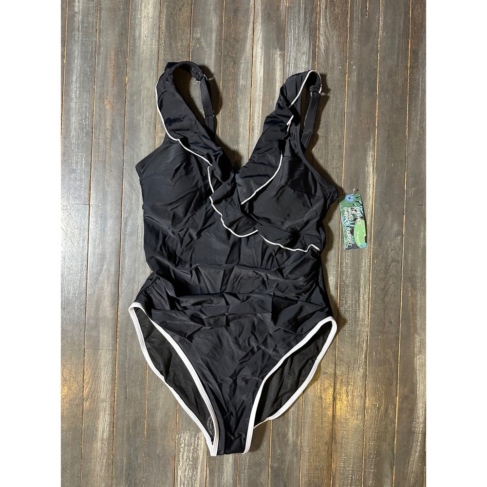 Womens‎ Black Ruffle V-Neck One Piece Swimsuit Ruched Tummy Control Monokini NWT